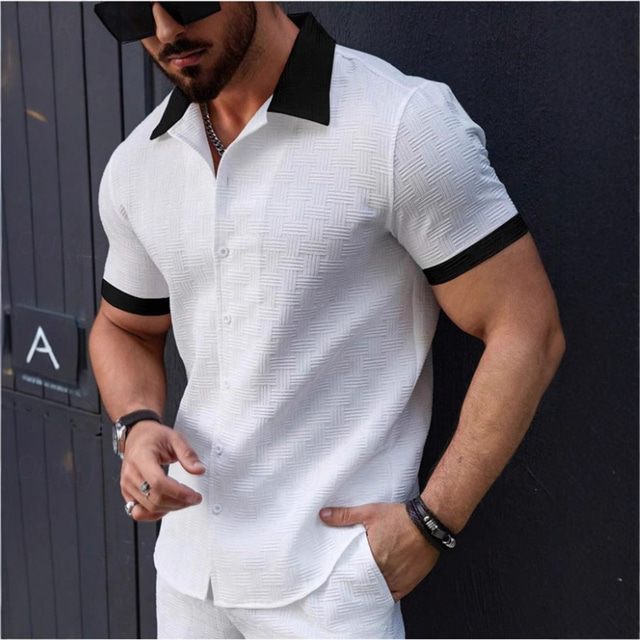  Men's Shirt Summer Shirt Casual Shirt Beach Shirt Button Up Shirt Light Pink Black White Sky Blue Dark Green Short Sleeve Plain Lapel Vacation Hawaiian Clothing Apparel Polyester Fashion Casual