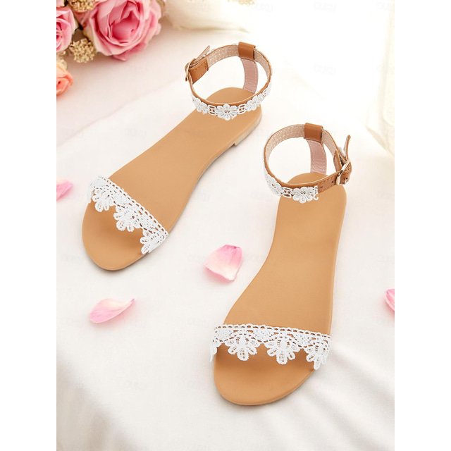  Women's White Lace Ankle Strap Sandals with Floral Detailing - Open Toe Low Heel Bridal Shoes for Garden or Beach Wedding