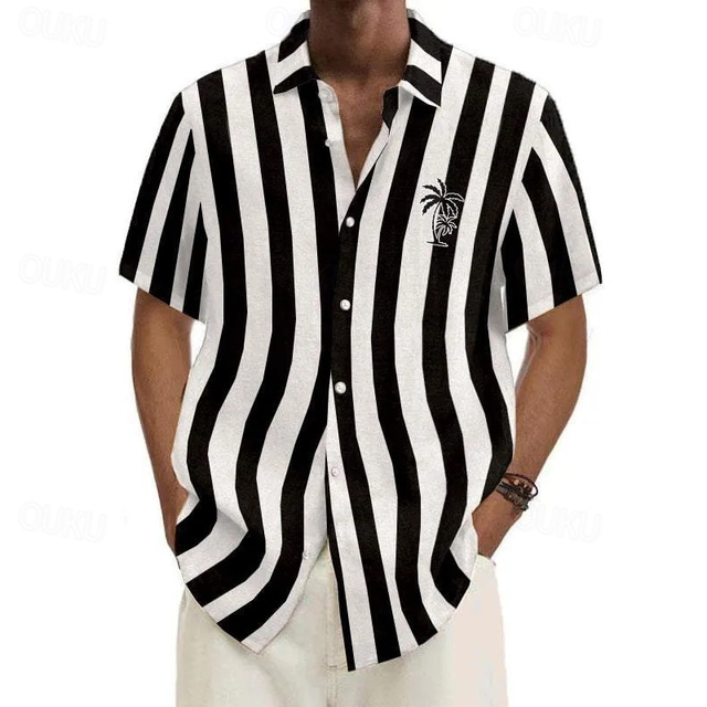  Men's Shirt Summer Shirt Casual Shirt Beach Shirt Button Up Shirt Black Light Green Red Blue Dark Green Short Sleeve Coconut Tree Stripes Lapel Vacation Hawaiian Clothing Apparel Polyester Fashion