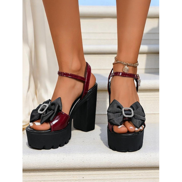  Sandales à talons épais et plateformes noires vernies pour femmes - Chaussures à bride à la cheville et bout ouvert avec nœud décoratif pour adultes, rendez-vous quotidien &sortie décontractée