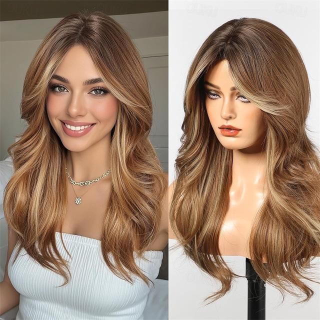  Natural Long Wigs for Women with Fringe Synthetic Heat Resistant Hair Ombre Brown Wig for Daily Party Cosplay Use