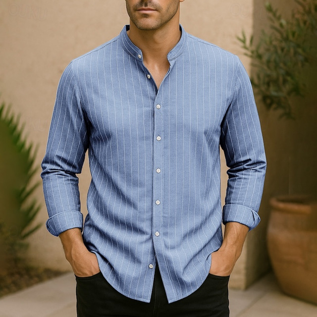  Homens Camisa Social Camisa de linho Camisa Popover Camisa casual Camisa de algodão Riscas Férias Havaiana Preto Azul Azul Escuro Cinzento Manga 3/4 Faixa Primavera Outono Roupa