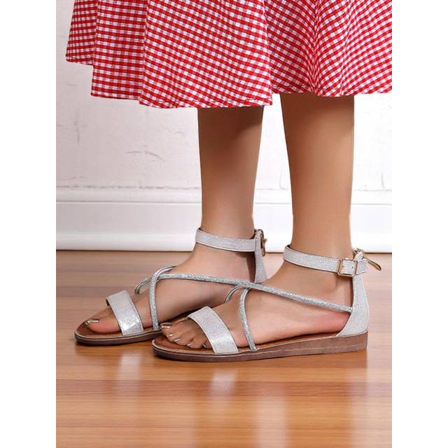  Women's Gold Ankle Strap Flat Sandals with Crisscross Glitter Straps - Stylish and Comfortable Flats for Everyday Dates