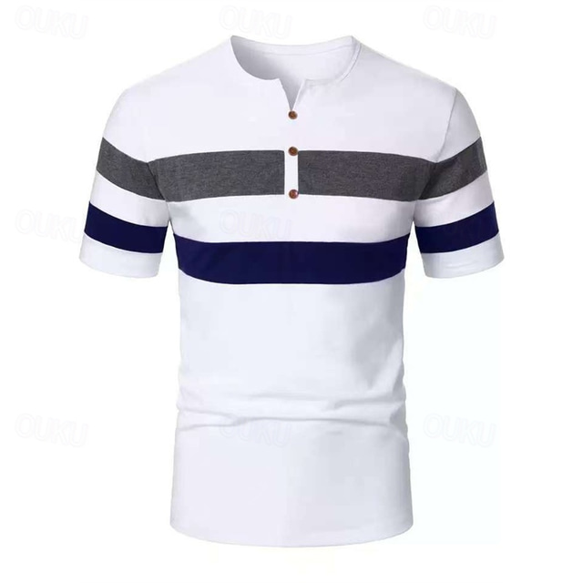  Men's T Shirt Henley Shirt Tee Short Sleeve Shirt Short Sleeve Henley Summer Color Block Fashion Designer Basic Patchwork Vacation Street Going out Black White Navy Blue Top Tee for Men