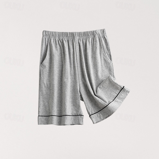  Men's Loungewear Pajama Shorts Plain Fashion Classic Casual Home Daily Bed Cotton Comfort Breathable Soft Shorts Elastic Waist Summer Black Blue