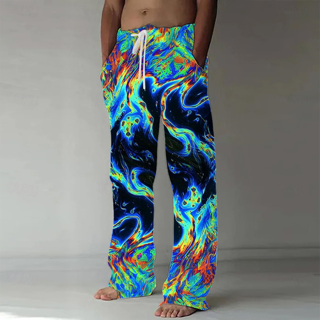  Men's Marble Abstract Liquid Art Trousers Baggy Pants Casual Pants Mid Waist Casual Outdoor Vacation Drawstring Side Pockets Elastic Waist Summer Spring 3D Print Black Blue Brown
