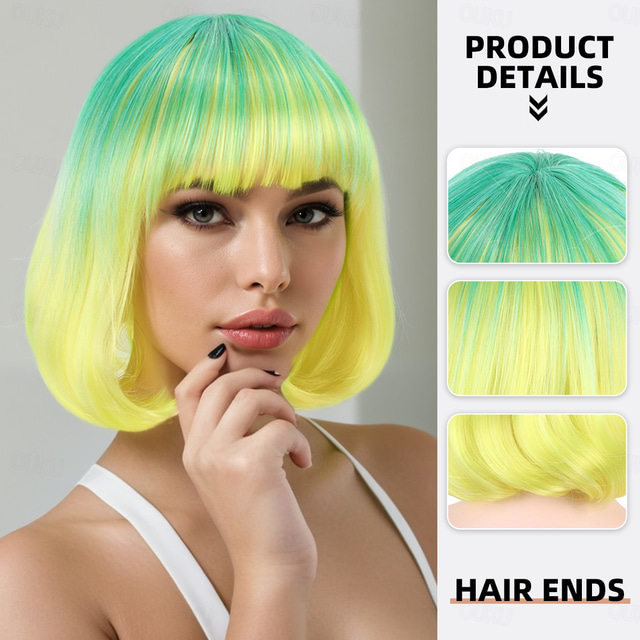  Synthetic Wig kinky Straight Natural Straight Layered Haircut Neat Bang Machine Made Wig 12 inch A1 Synthetic Hair Women's Classic Comfortable Color Gradient Multi-color
