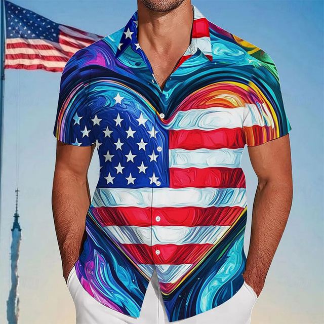  Independence Day Men's Heart American US Flag Patriotic Shirt Summer Shirt Button Up Shirt Short Sleeve Fashion Casual Outdoor Vacation Dailywear Summer Spring Turndown 3D Print Collared Shirts Blue
