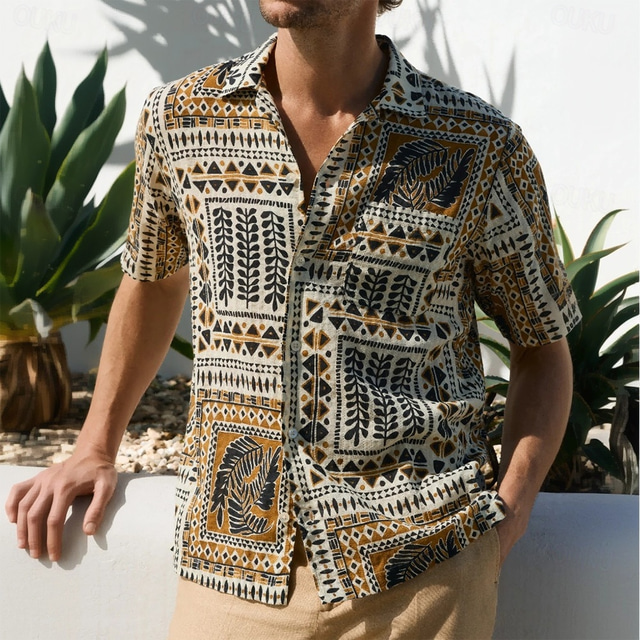  Men's Geometric Ethic / African Shirt Button Up Shirt Short Sleeve Vintage Retro Vacation Dailywear Beach Wear Summer Spring Turndown 3D Print Linen Like Shirt Blue Khaki