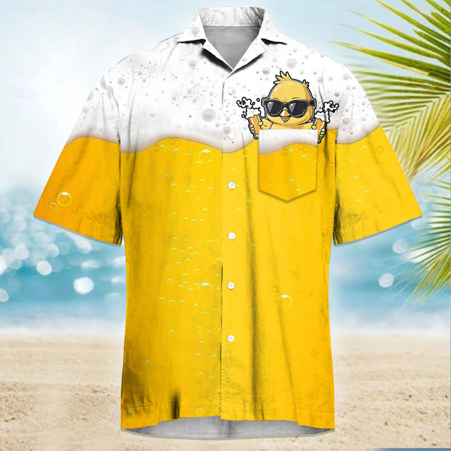  Men's Funny Beer Duck Cuban Collar Shirt Summer Hawaiian Shirt Aloha Shirt Short Sleeve Hawaiian Vacation Holiday Beach Wear Summer Spring Camp Collar Shirt 3D Print Front One Pocket Yellow Orange
