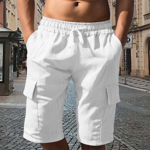  Men's Cargo Shorts Shorts Summer Shorts Drawstring Elastic Waist Multi Pocket Plain Comfort Wearable Knee Length Outdoor Sport Daily Fashion Casual Black White