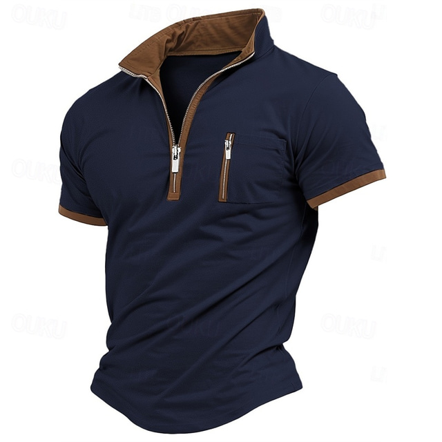  Men's T Shirt Tee Short Sleeve Shirt Tee Top Short Sleeve Quarter Zip Summer Color Block Fashion Designer Basic Zipper Vacation Street Going out Black Blue Khaki Top Tee for Men