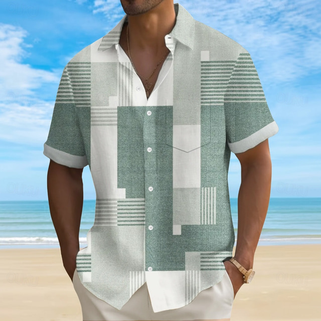  Men's Geometric Color Block Grid / Plaid Shirt Summer Shirt Button Up Shirt Short Sleeve Fashion Casual Vacation Holiday Streetwear Summer Turndown 3D Print Front One Pocket Linen Like Shirt Green