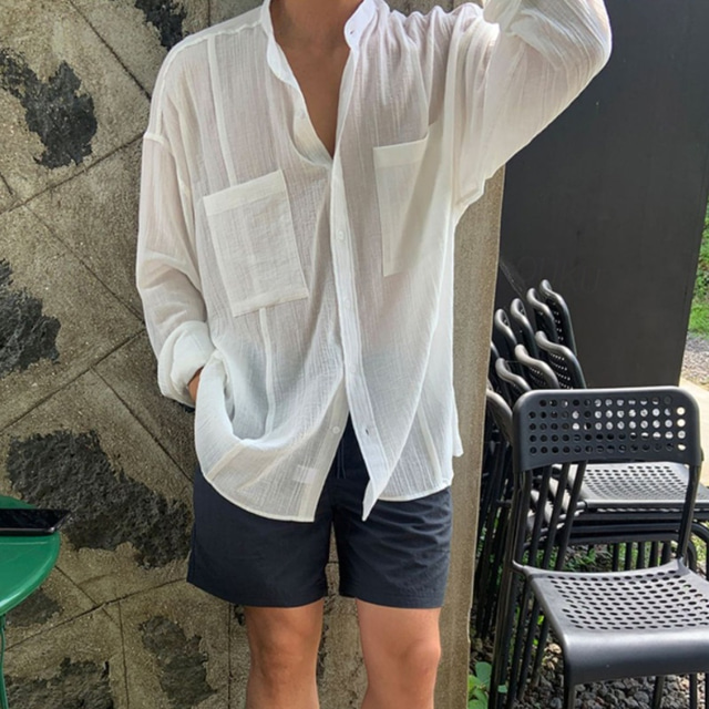  Men's Shirt Summer Shirt Casual Shirt Beach Shirt Button Up Shirt White Navy Blue Long Sleeve Plain Band Collar Vacation Hawaiian Buttons Clothing Apparel Polyester Fashion Casual Comfortable