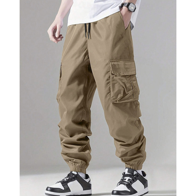  Men's Cargo Pants Trousers Drawstring Elastic Waist Multi Pocket Plain Wearable Outdoor Daily Camping & Hiking Fashion Classic Black Khaki