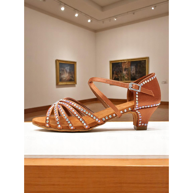  Women's Black Rhinestone Low Heel Dance Sandals - Youth-Friendly Latin Practice Shoes for Girls and Teens in Ballroom or Stage Performances