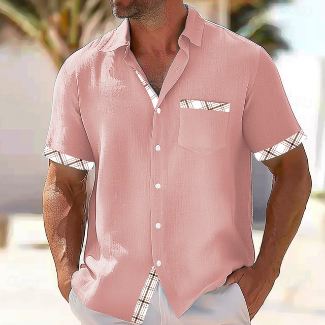  Men's Geometric Check Grid / Plaid Shirt Button Up Shirt Short Sleeve Fashion Casual Outdoor Vacation Daily Summer Turndown 3D Print Linen Like Shirt Pink Blue Green