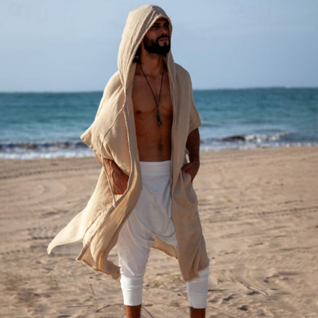  Men's Summer Shirt Casual Shirt Beach Shirt Cotton Shirt Shrugs Apricot Short Sleeve Solid / Plain Color Hooded Vacation Hawaiian Clothing Apparel Fashion Casual Comfortable