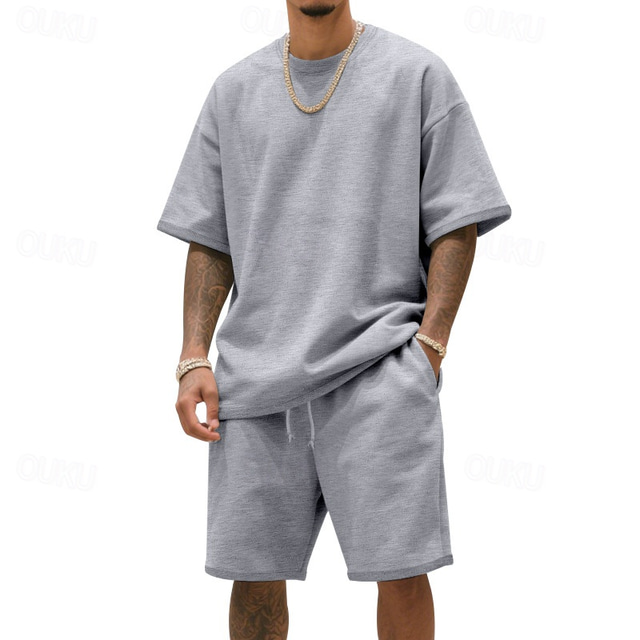  Men's T-shirt Suits 2 Pieces Outfits Tee & Shorts Short Sleeve Crew Neck Summer Plain Fashion Casual 2 Piece Vacation Daily Wear Going out Black White Navy Blue Top Tee for Men