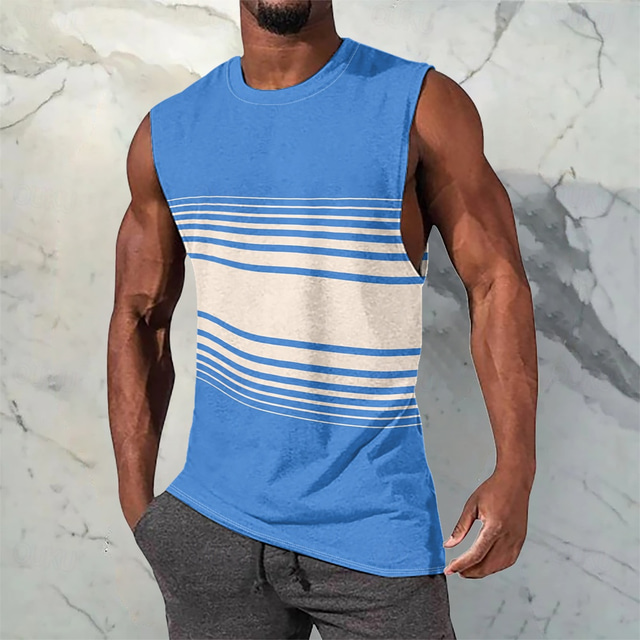  Men's Vest Top Undershirt Sleeveless Shirt Sleeveless Crewneck Spring & Summer Pattern Stripes Fashion Designer Vacation Street Going out Blue Top Tee for Men