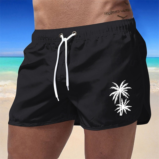  Herr Badshorts Boardshorts Kokosnötsträd Snabbtorkande Andningsfunktion Snörning Elastisk midja Semester Strand Hawaiisk Ledigt Svart Vit