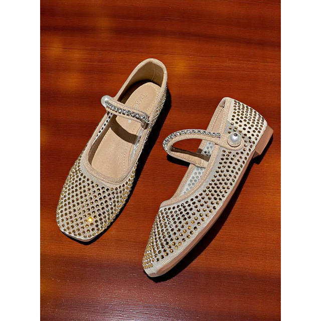  Women's Beige Mary Jane Flats with Rhinestone Detailing and Pearl Accent, Comfortable and Stylish, Perfect for Casual Date Nights
