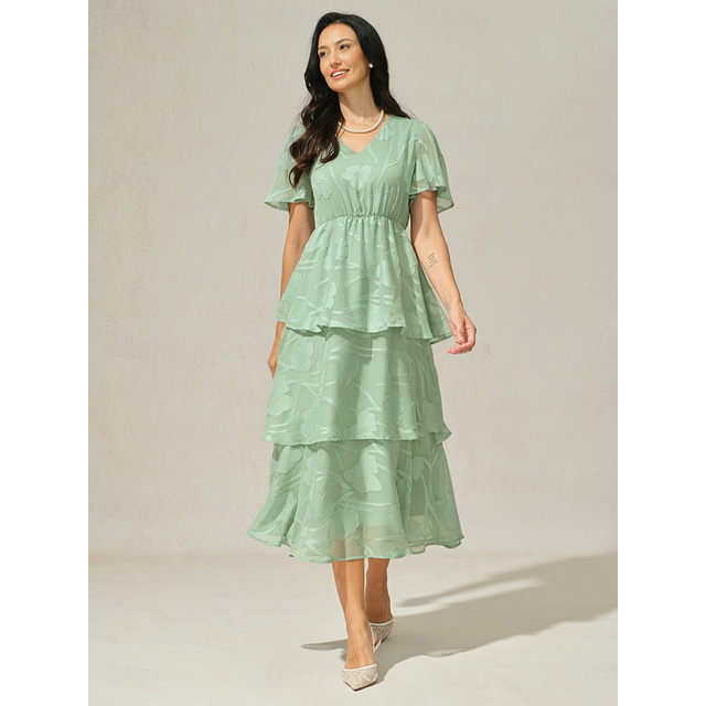  Dames Maxi-jurk A lijn jurk Elegant Formeel Flutter mouw Bruiloft gast Cocktailparty Normale pasvorm Effen Korte mouw V-hals Grijs-Groen Zomer