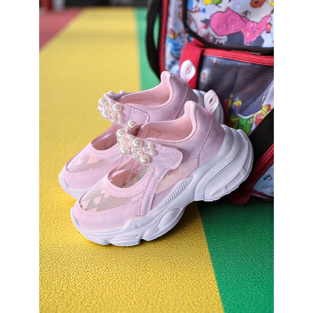  Girls' Pink Mesh Mary Jane Sneakers with Pearl Strap – Breathable Lightweight Back to School Sport Sandals for Playground and Daily Wear