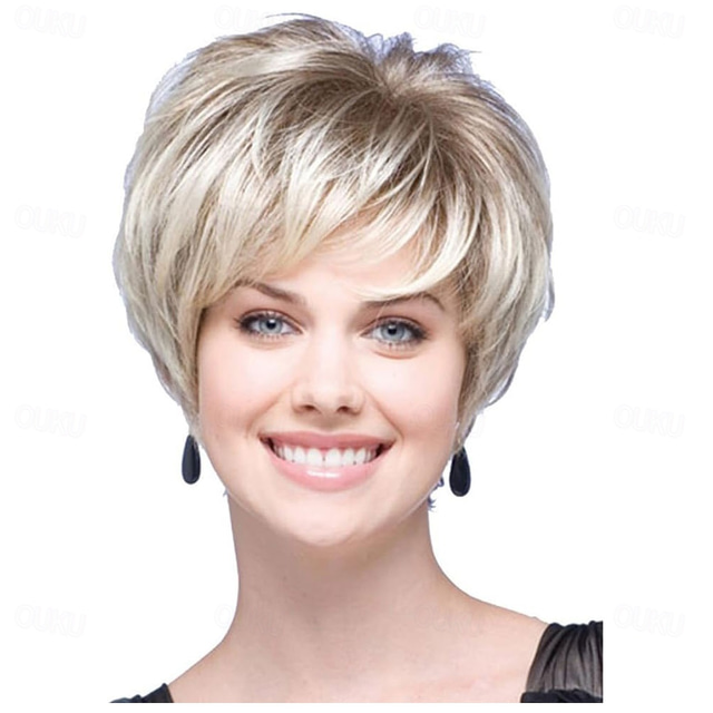  Short Blonde Wigs for Women Pixie Cut Wig with Bangs Ladies Natural Layered Synthetic Hair Wig Blonde Mix White Wig for Daily Fancy Dress Accessory Costume Cosplay Halloween Party Use