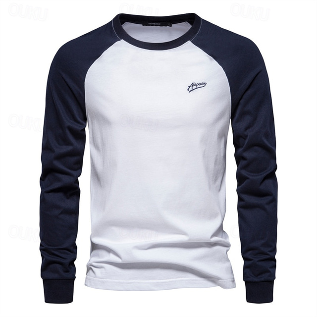  Herren T Shirt T-Shirt Langarmshirt Langarm Rundhalsausschnitt Frühling Herbst Farbblock Mode Designer Basic Patchwork Urlaub Straße Ausgehen Weiß Marineblau Hellgrau Top T-Shirt für Herren