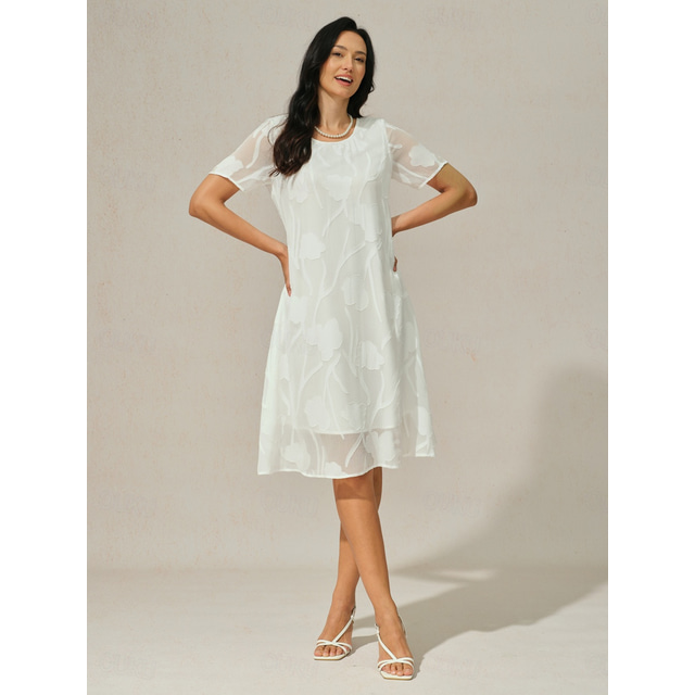  Women's Mini Dress Chiffon Dress Elegant Casual Loose Fit Floral Short Sleeve Crew Neck White Summer