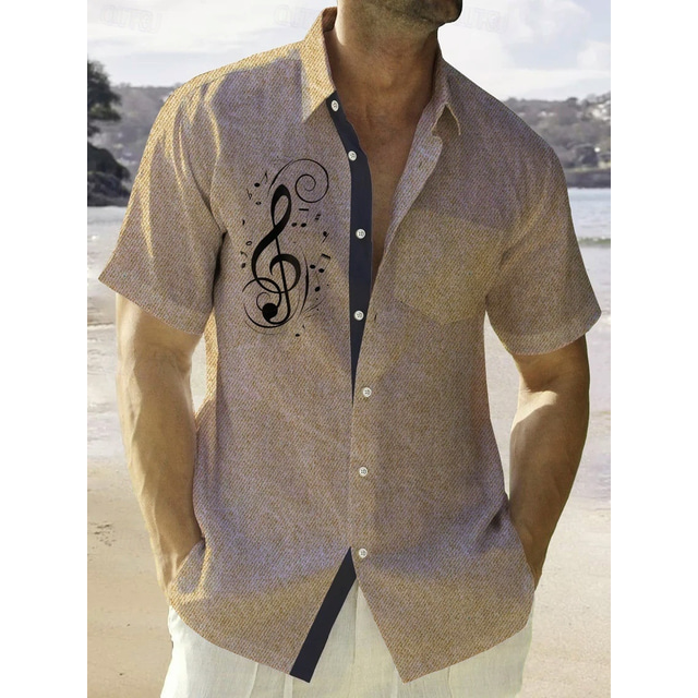  Men's Summer Shirt Casual Shirt Beach Shirt Button Up Shirt khaki Short Sleeve Pattern Musical Notes Lapel Vacation Hawaiian Clothing Apparel Polyester Fashion Casual Comfortable