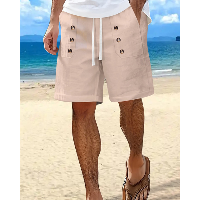  Men's Shorts Linen Shorts Summer Shorts Beach Shorts Pocket Drawstring Elastic Waist Plain Comfort Breathable Short Vacation Holiday Beach Hawaiian Boho Black White