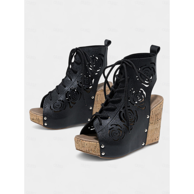  Women's Black Floral Cutout Lace-Up Wedge Sandals – Boho Festival Platform Shoes for Outdoor Events