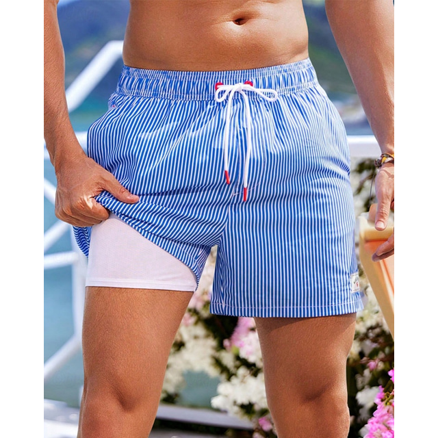  Men's Swim Shorts Board Shorts Swim Trunks Coconut Tree Stripes Quick dry Breathable Drawstring Elastic Waist With Compression Liner Vacation Beach Hawaiian Casual Blue Green