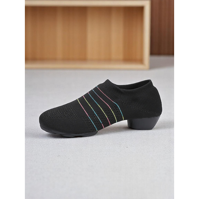  Women's Black Mesh Dance Shoes with Kitten Heel and Colorful Stripes - Elegant Adult Dance Shoes for Ballroom and Latin Dance