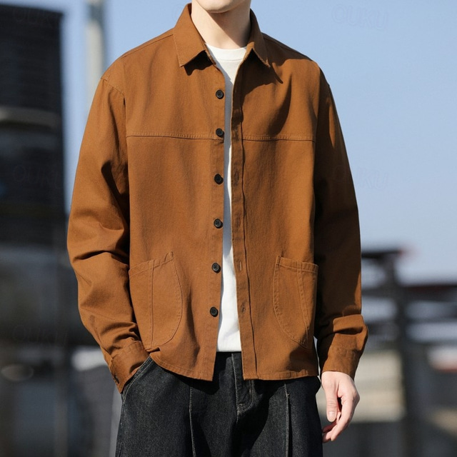  Herren Hemd Freizeithemd Hemdjacke Einfach Urlaub Alltagskleidung Schwarz Orange Armeegrün Kaffee Langarm Revers Frühling Herbst Bekleidung Tasche
