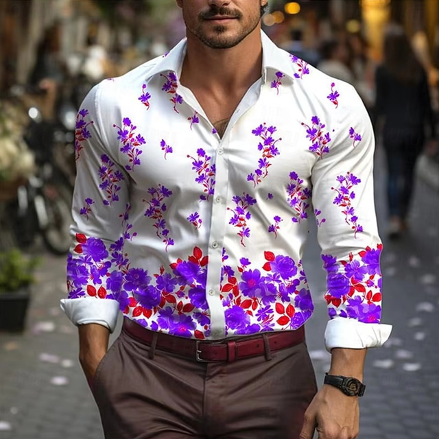  Men's Floral Print Flowers Shirt Button Down Shirt Hawaiian Shirts Long Sleeve Hawaiian Outdoor Vacation Holiday Summer Spring Turndown 3D Print Collared Shirts Red Blue Purple