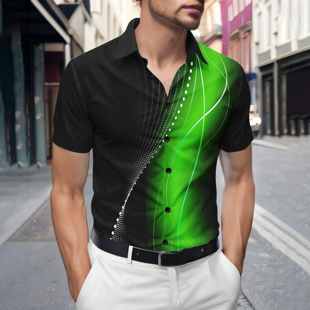  Men's Geometric Gradient Waves Shirt Summer Shirt Button Up Shirt Short Sleeve Fashion Casual Outdoor Vacation Dailywear Summer Spring Turndown 3D Print Collared Shirts Red Blue Green Gray