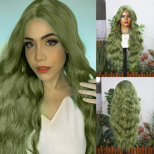  Syntetická krajková paruka Kudrny Styl 28 inch Zelená Střední část U část Paruka Dámské Paruka Lake Green / Grass Green