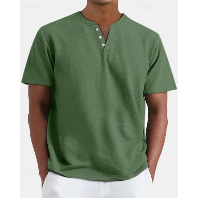  Homens Camiseta Camisa Henley Camisetas Camisa de manga curta Manga Curta Henley Verão Tecido Moda Designer Básico Botões Férias Rua Para Noite Adamascado Preto Branco Top Tee para Homens