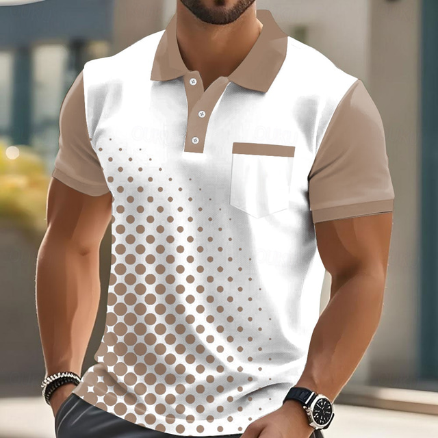  Male Geometic Polo Short Sleeve Turndown Business Sports & Outdoor Business Athleisure Buttons Pocket Summer Robin's Egg Blue Black Green