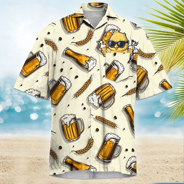  Men's Funny Beer Duck Cuban Collar Shirt Summer Hawaiian Shirt Aloha Shirt Short Sleeve Hawaiian Vacation Holiday Beach Wear Summer Spring Camp Collar Shirt 3D Print Front One Pocket Red Apricot