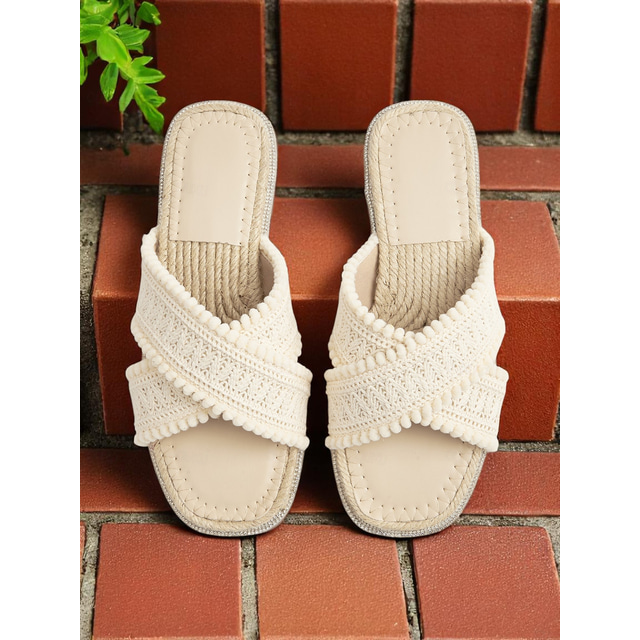  sandálias femininas de crochê estilo boho - sapatos baixos bege com bico aberto e acabamento em pompom para adultos, para encontros diários &passeios casuais de verão