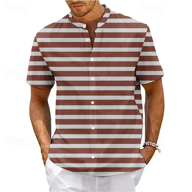  Men's Shirt Summer Shirt Casual Shirt Beach Shirt Button Up Shirt Light Pink Black Pink Red Royal Blue Short Sleeve Stripes Band Collar Vacation Hawaiian Clothing Apparel Polyester Fashion Casual