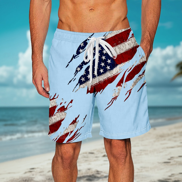  Independence Day Men's American US Flag Patriotic Fourth of July Waffle Shorts Sweat Shorts Casual Shorts Mid Waist Fashion Casual Holiday Festival Elastic Drawstring Waist Shorts with Pockets