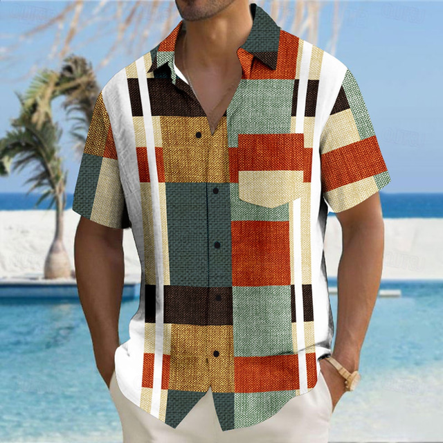  Homme Mosaïque Chemise de quilles Chemise boutonnée Manche Courte Hawaïen Décontractées Extérieur Casual Athleisure Eté Printemps Col rabattu Poche Multi Couleur