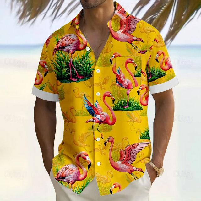  Men's Flamingo Bird Tropical Plants Summer Hawaiian Shirt Button Up Shirt Aloha Shirt Short Sleeve Hawaiian Vacation Holiday Beach Wear Summer Turndown 3D Print Front One Pocket Linen Like Shirt