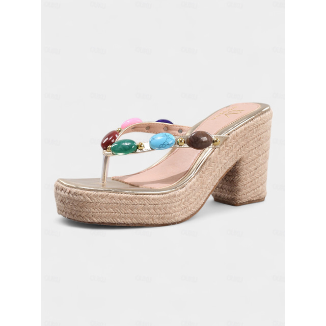  Women’s Beaded Platform Wedge Flip Flops – Colorful Boho Thong Sandals with Espadrille Sole for Beach Vacation, Poolside Party, and Summer Resort Wear