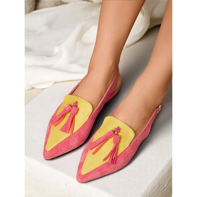  Women's Colorblock Suede Pointed Toe Slingback Flats - Pink and Purple Tassel Loafers for Adults, Daily Date & Trendy Casual Outings